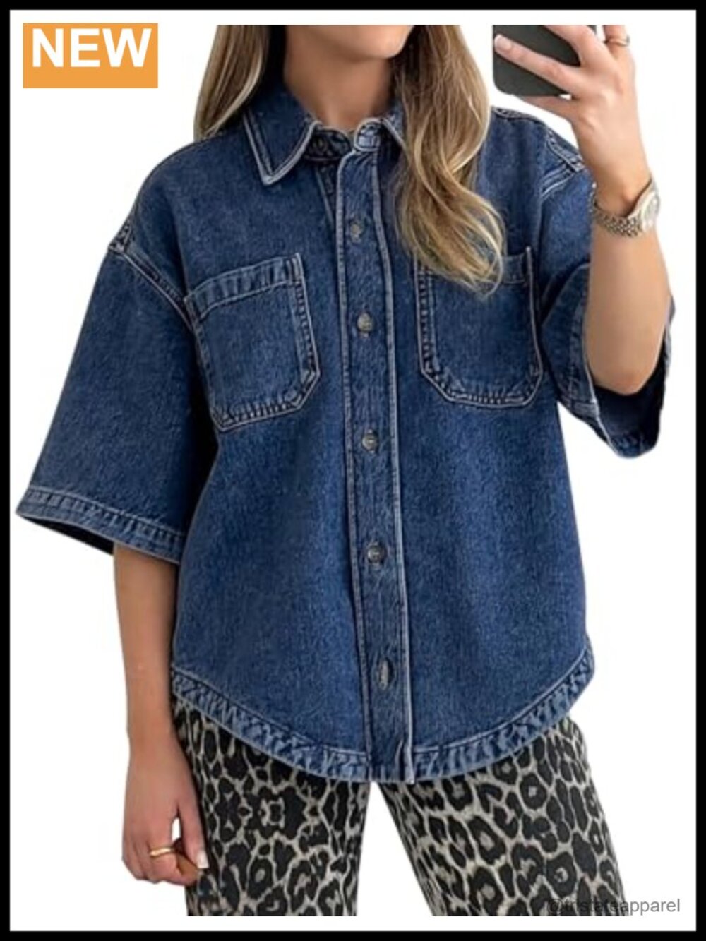 Women's Denim Button Down Shirt Casual Short Sleeve Jean Shirt Top